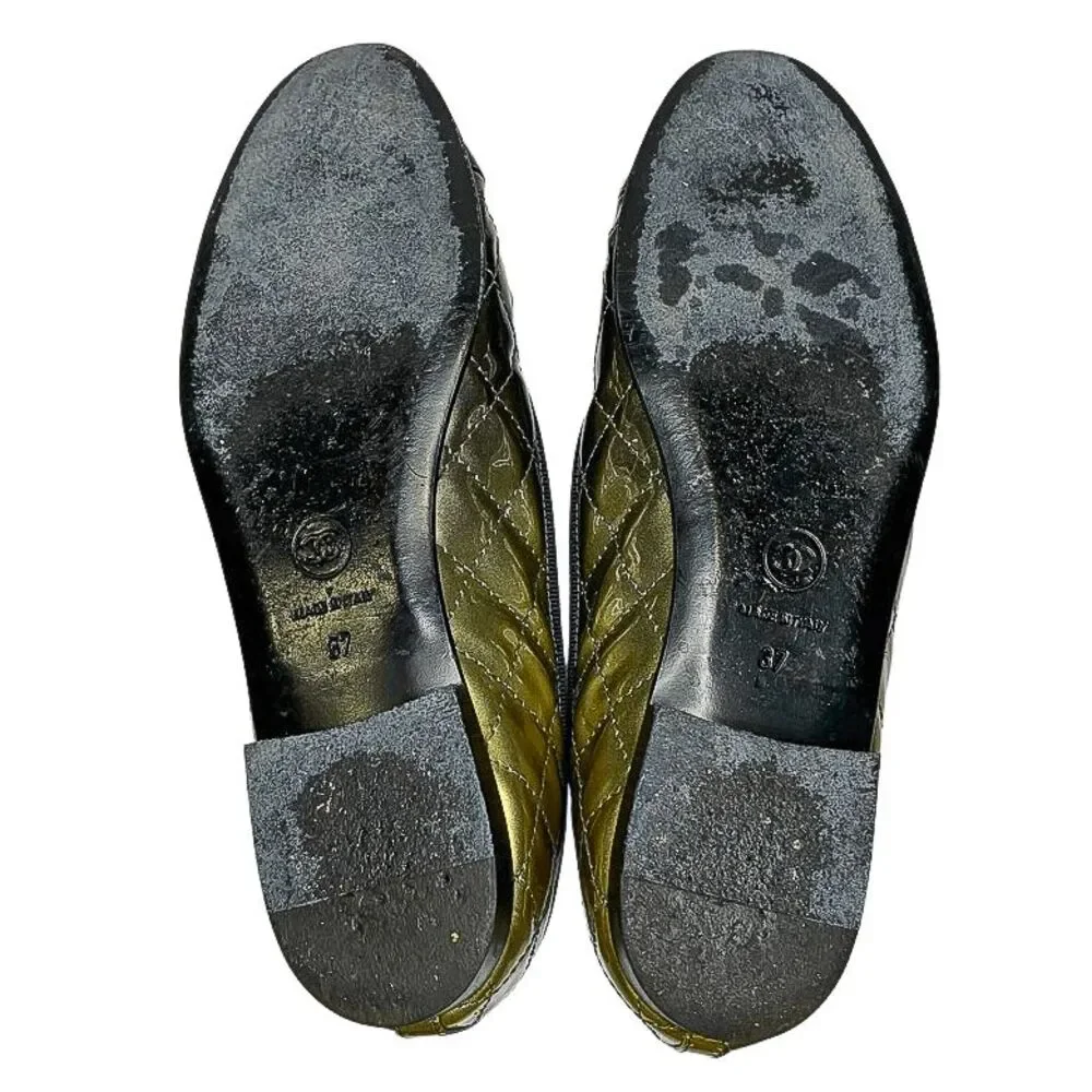 Chanel G26250 Ballet Flats EU 37 Black Patent Cap Toe CC Bow w/ Box Dust Bags